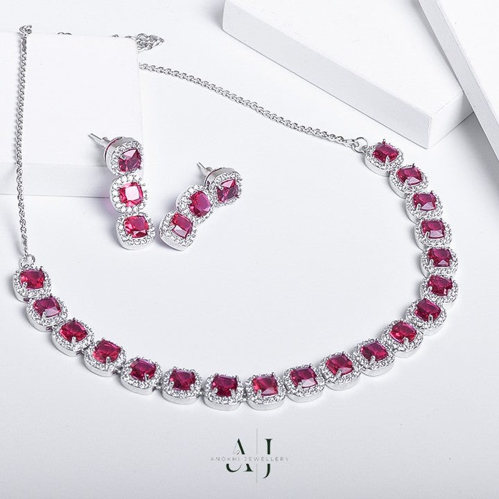 The Royal Red Dual Tone Necklace embodies the grace of American diamonds