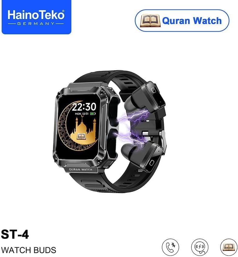 Haino Teko Watch Buds ST 4 Quran Watch, Full Quran 114 Chapter, 5 Times Prayer Times, 4 GB MP3 Speaker and much more (Watch+Earbuds)