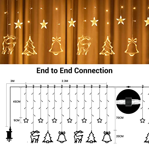 138 LED Stars Curtain String Lights with Christmas Tree Reindeer Bell 8 Flash Modes Plug in Indoor Outdoor Decoration Lightning Christmas 2.3M/7.5ft Warm White