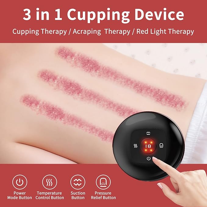 AT MOUSE Electric Cupping Therapy Massager, 3 in 1 Electric Cupping Set with 12 Level Suction, Dynamic Electric Cupping Therapy Machine for Back, Neck and Shoulder Massage (Red)