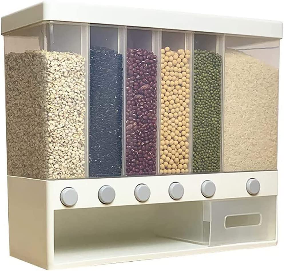 Wall-Mounted Dry Grain 6-Grid Adjustable Kitchen Storage Boxes for Rice, Grain and Beans (Plastic)