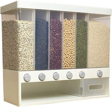 Wall-Mounted Dry Grain 6-Grid Adjustable Kitchen Storage Boxes for Rice, Grain and Beans (Plastic)