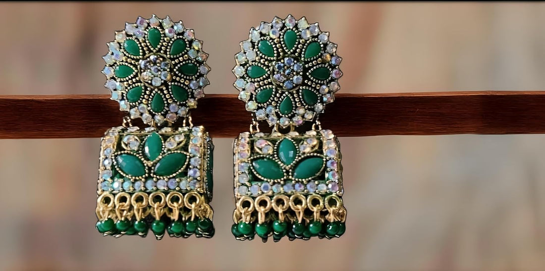 Dazzling & Divine Ethnic Indian Fashion Dangle Jhumka, Green For Women and girls all Ocasion wear