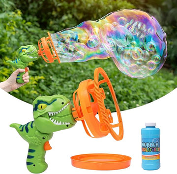 Merinevi Large Dinosaur Bubble Gun Bubble Machine with Double Layer Bubble Maker Circles, Create Magical Huge Bubbles with Small Bubble Inside Effects, Ages Above 3, Orange and Green