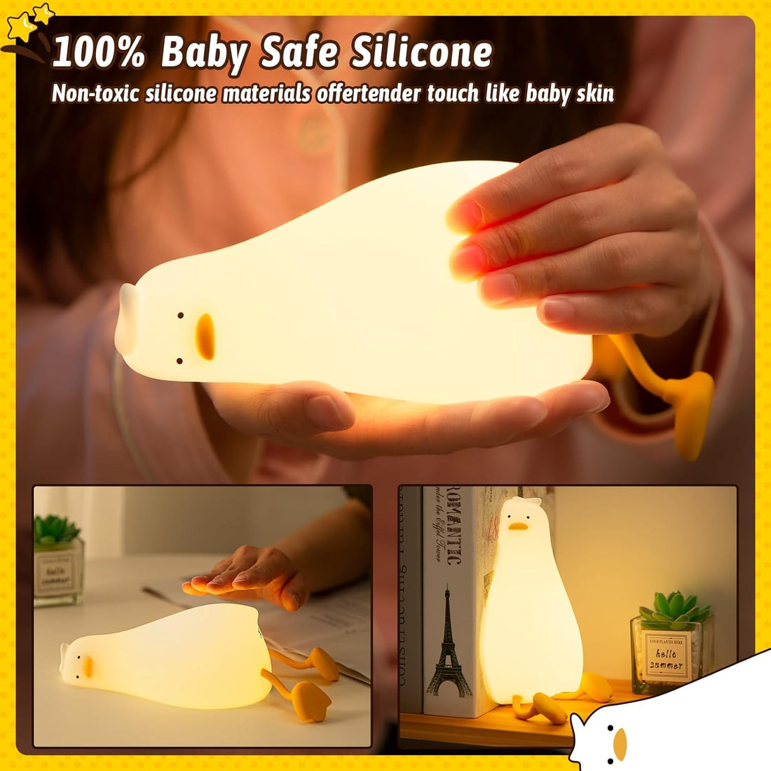 Duck Night Light for Kids: Dimmable Squishy Duck Lamp, Rechargeable Silicone Nightlight, 30Min Timed Touch Night Light for Baby, Cute Room Decor for Toddler & Children