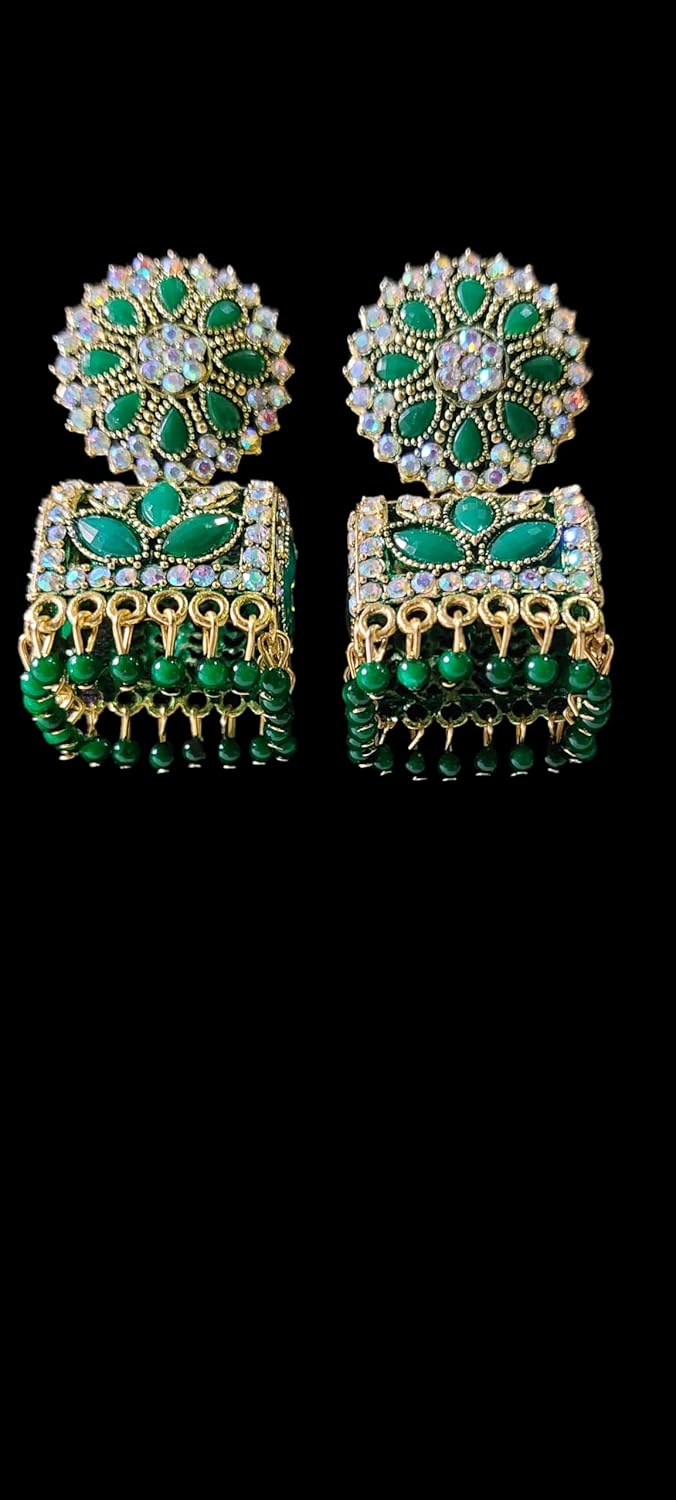 Dazzling & Divine Ethnic Indian Fashion Dangle Jhumka, Green For Women and girls all Ocasion wear