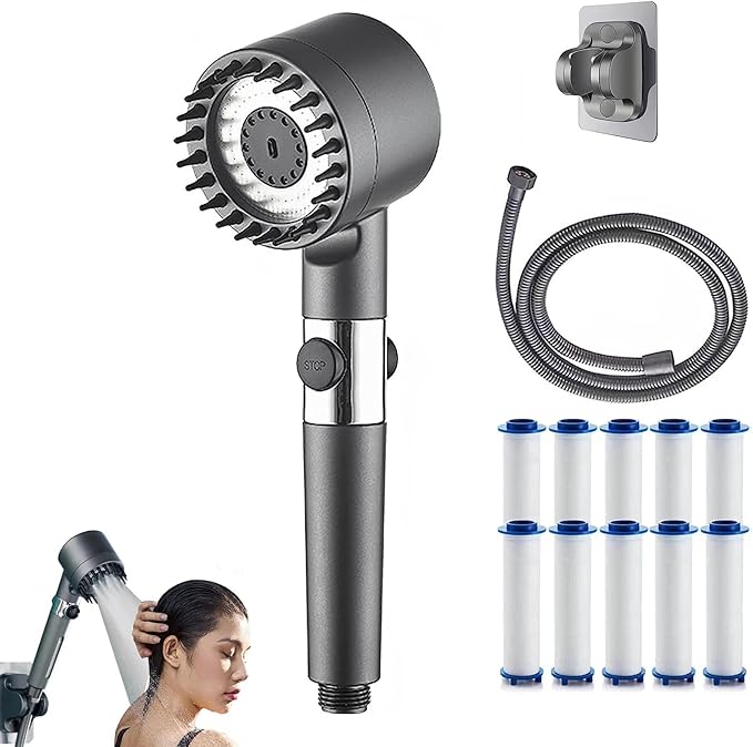 Miurixo Multifunctional Massage Shower, High-Pressure Handheld Shower Head Set, One-Button Switch 3 Modes Massage and Skin Beauty Shower, Showerhead Sprayer with Filter (Gray)