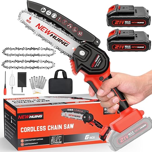 New Huing Mini Cordless Chainsaw Kit, Upgraded 4 One-Hand Handheld Electric Portable Chainsaw, 21V Rechargeable Battery Operated, for Tree Trimming and Branch Wood Cutting by