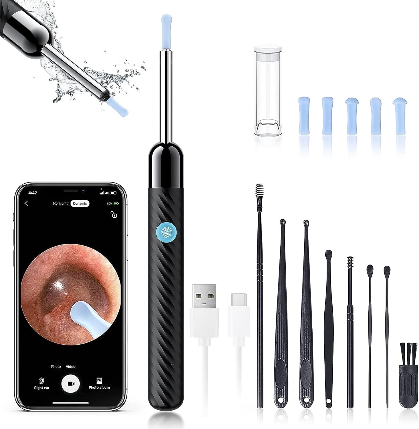 Ear Wax Removal - Earwax Remover Tool with 8 Pcs Ear Set - Ear Cleaner with Camera - Earwax Removal Kit with Light - Ear Camera with 6 Ear Spoon - Ear Cleaner for iOS & Android (Black)