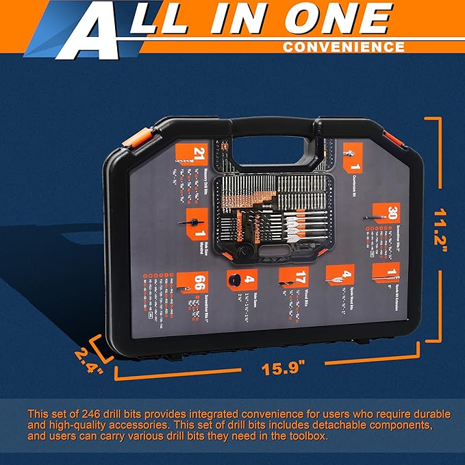 Carbide Drill Bit Set and Allen Wrench Hex Drill Bits Tool Kit Organizer for Cordless Drill Impact Drive Masonry Drill Bit Set (246PCS)