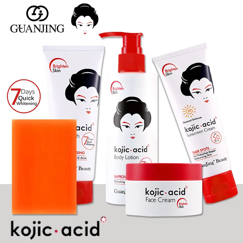 Kojic Acid Skin Care Set 7 Day Whitening Freckle Removing Facial Wash Face Cream Sunscreen Soap Body Cream SkinCare Kit