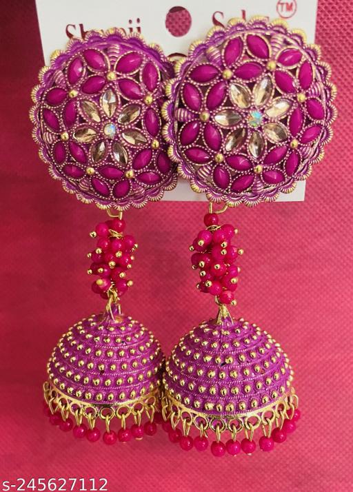 Kundan Jhumkas For Girls and Women. ( Pink Color) Brass Jhumki Earring Brass Earring Set